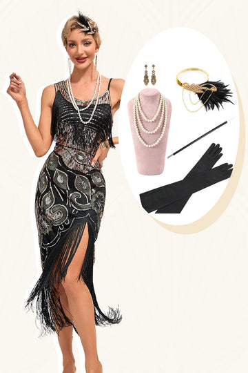 Sparkly Black Sequins Fringes Asymmetrical 1920s Gatsby Dress with Accessories Set